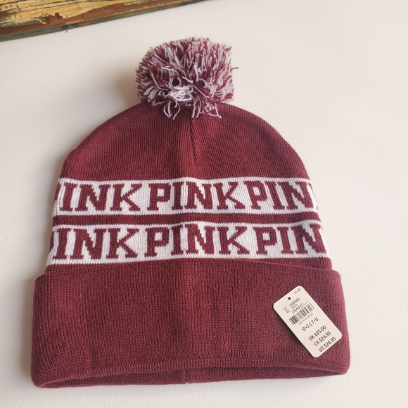 PINK Victoria's Secret Accessories - NWT PINK VICTORIA'S SECRET WINE Pompom Beanie